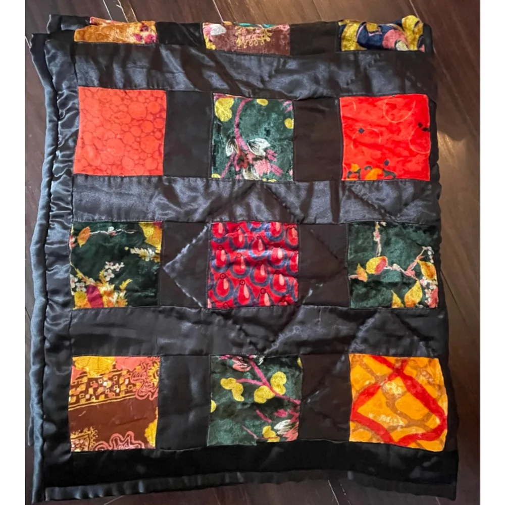 Vintage 60s Boho Patchwork Velvet Quilt Throw + Pillow Sham India Decor
